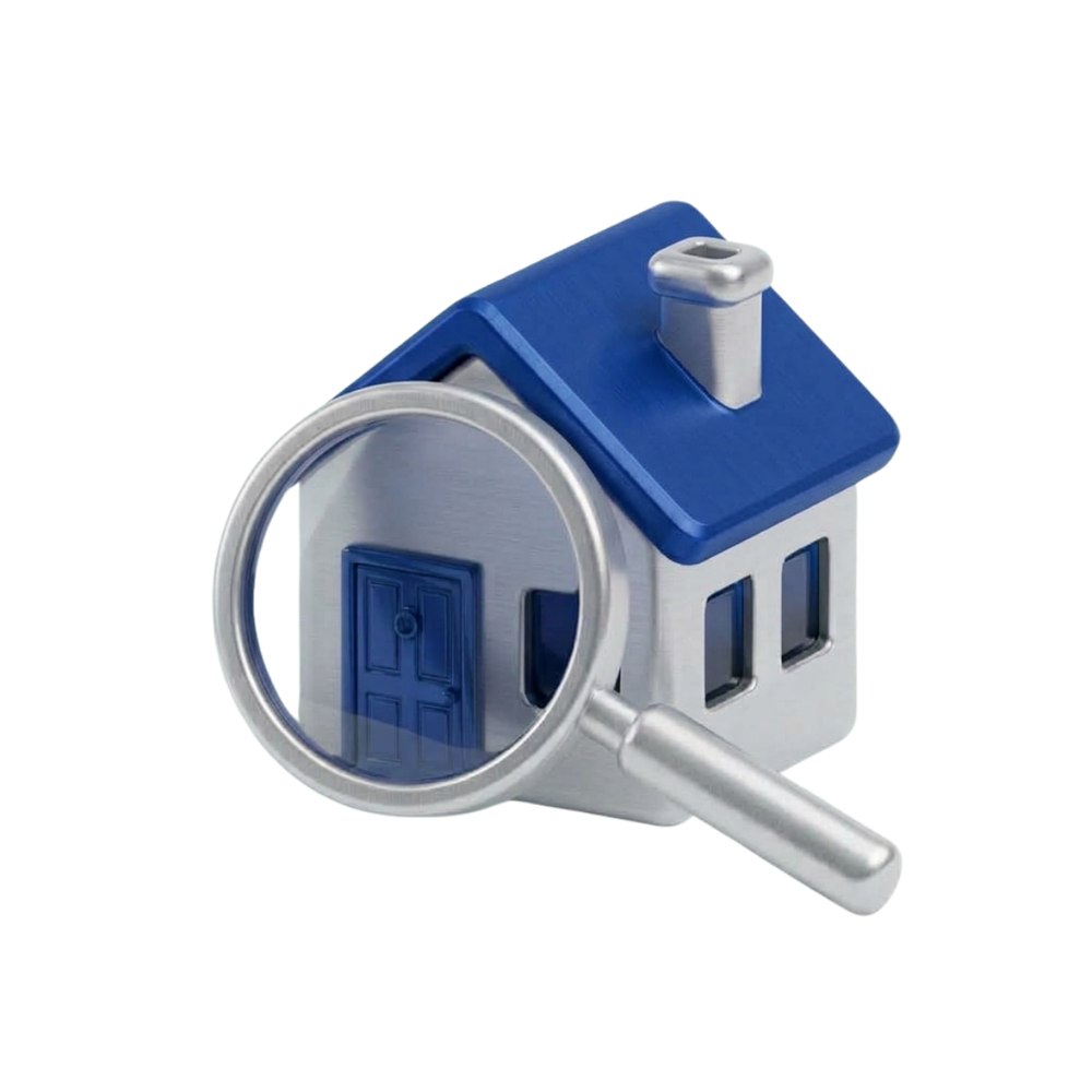 A 3D illustration of a blue and white house with a magnifying glass held up to the front door and a 'Transparency' label alongside.